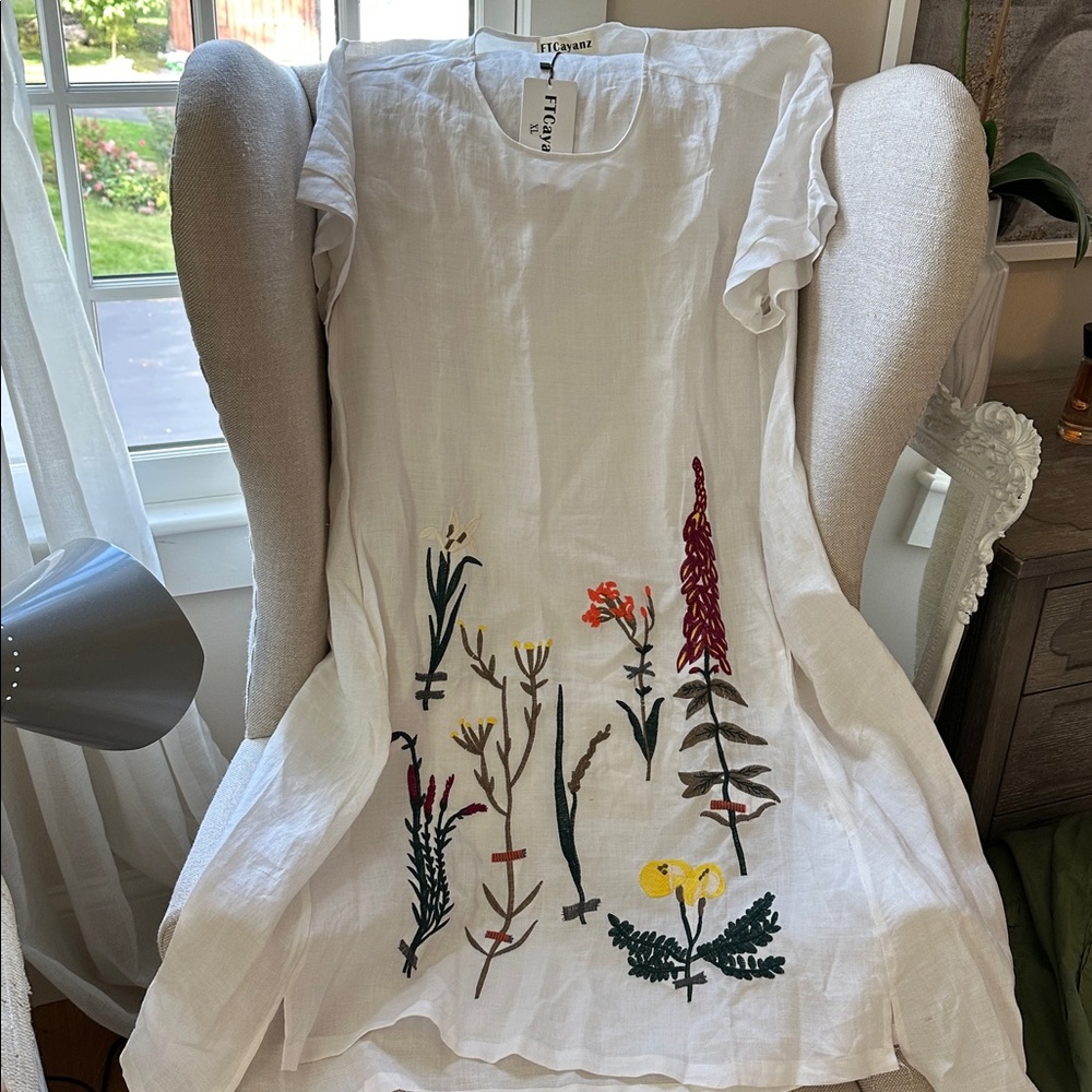 White Floral Embroidered Dress linen Caftan